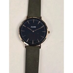 CLUSE Women's Quartz Watch Minuit Olive Leather Strap Rose Gold Case Black Dial